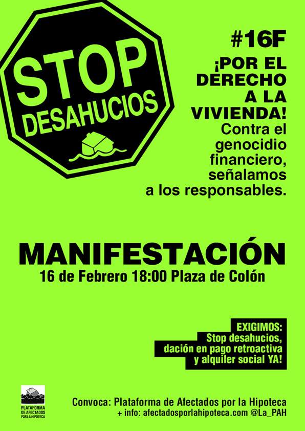 El #16F salimos a la calle para exigir la paralización de los desahucios