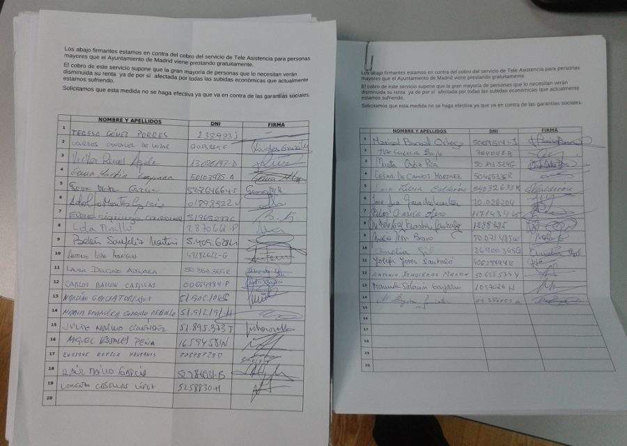 Las asociaciones vecinales registran 11.428 firmas contra el cobro de la teleasistencia