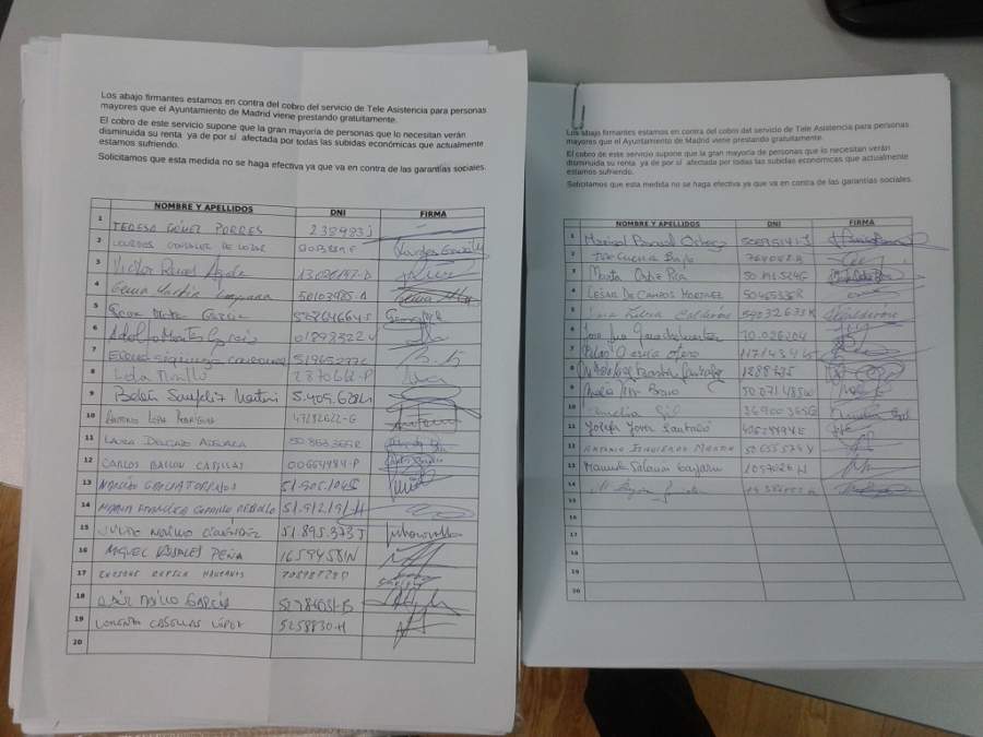 Las asociaciones vecinales registran 11.428 firmas contra el cobro de la teleasistencia