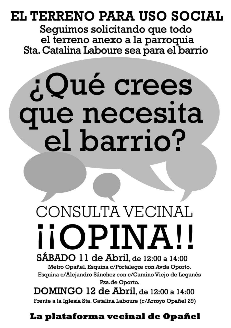 Los vecinos de Opañel convocan una consulta ciudadana sobre el destino de la parcela contigua a la parroquia Santa Catalina Labouré