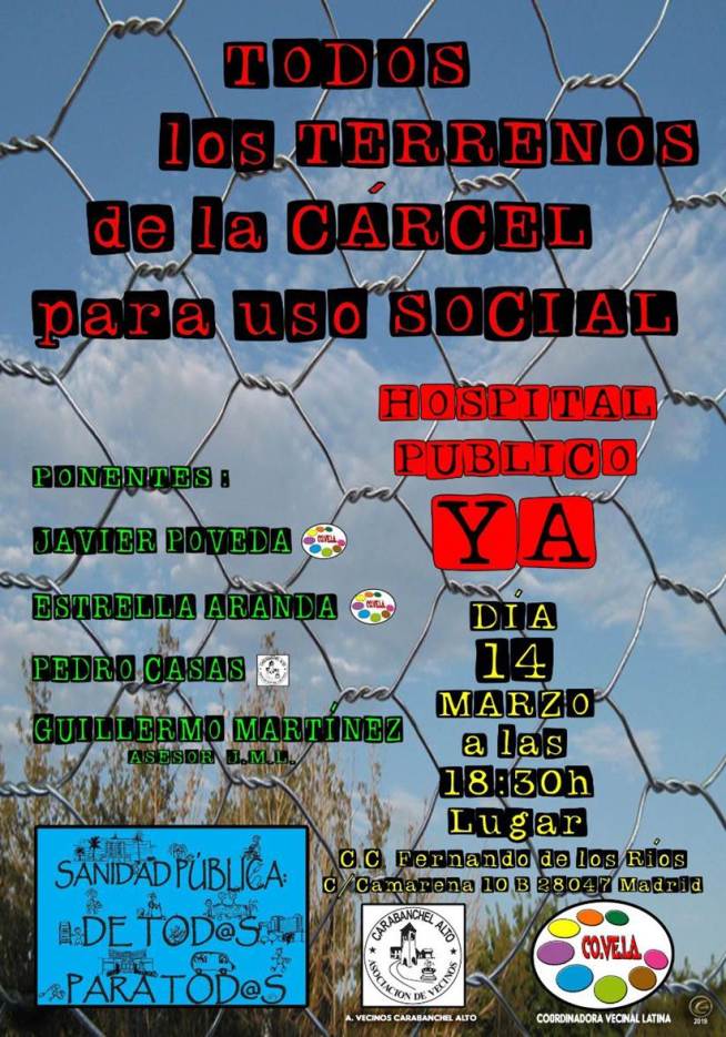 Cartel charla hospital en terrenos carcel de Carabanchel
