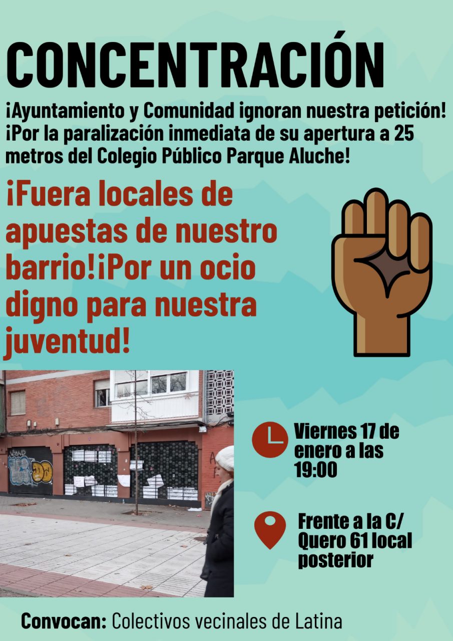 Cartel concentración contra las casas de apuestas Aluche