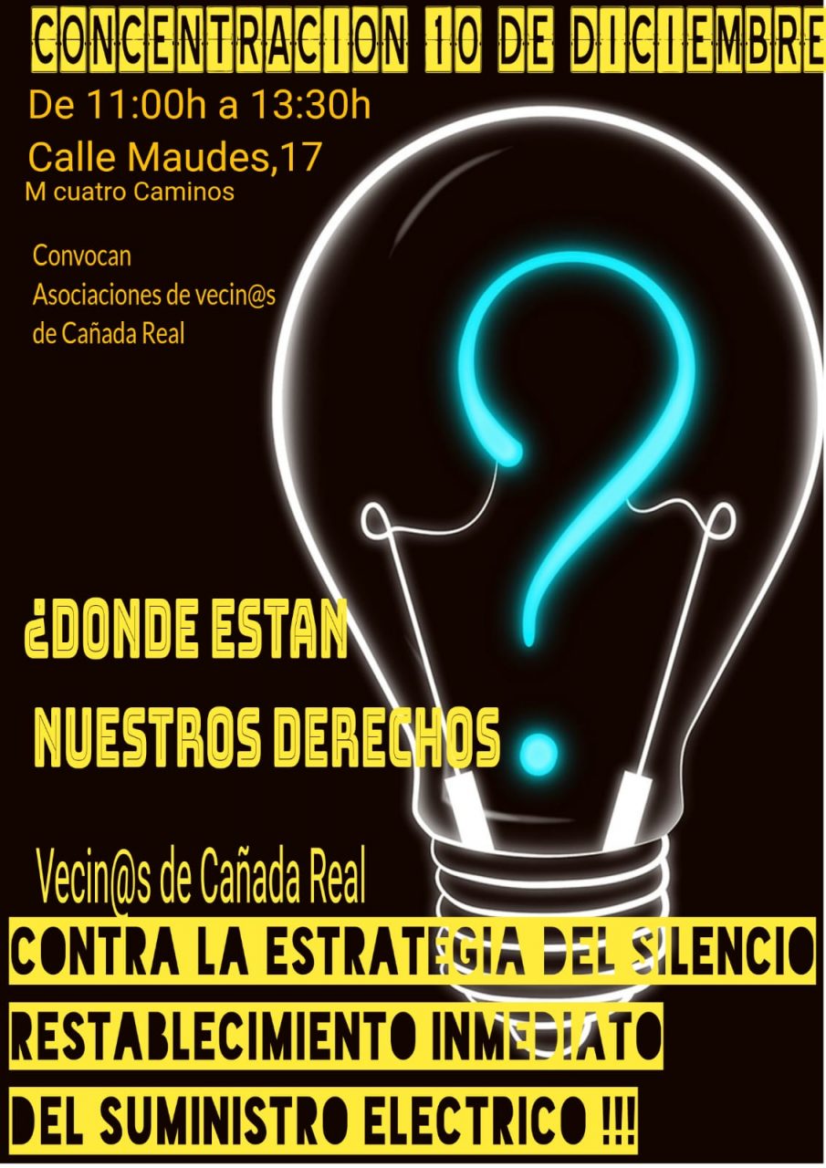 Cartel concentración por el restablecimiento de la luz en Cañada Real