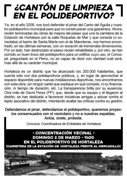 Convocatoria de la concentración por la falta de publicidad del nuevo cantón junto al polideportivo de Hortaleza