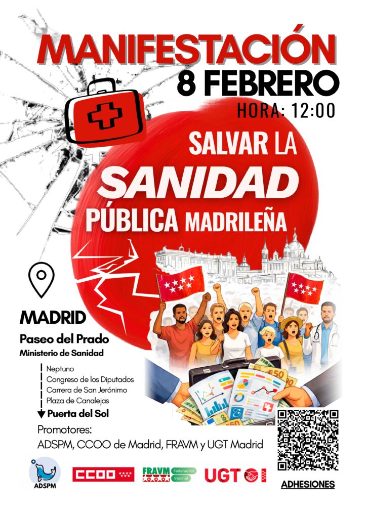 Cartel de la convocatoria de manifestación por la sanidad pública del 8 de febrero de 2026
